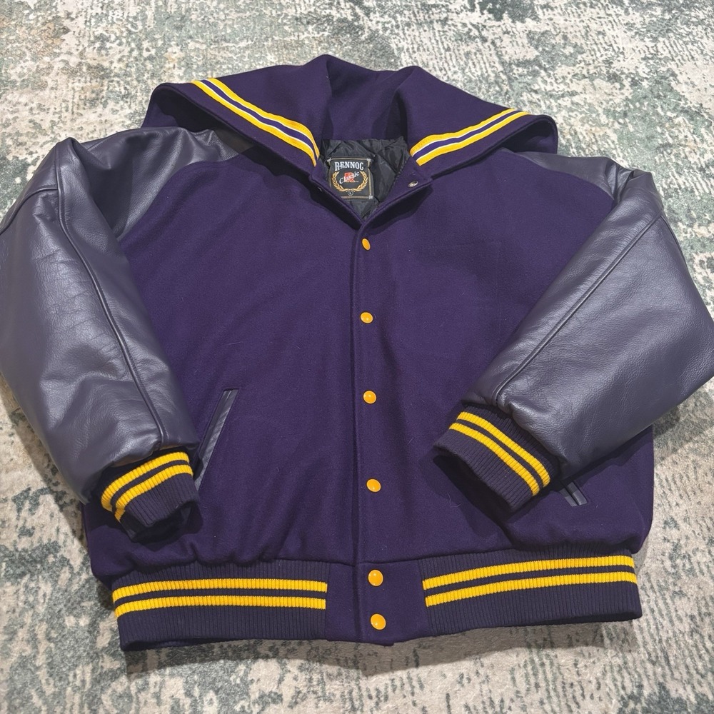 Vintage Rennoc USA Wool Leather Varsity Jacket Purple Gold Sailor Hood  Large